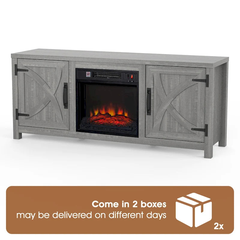 Meuble TV console style ferme avec cheminée électrique intégrée, pour téléviseurs jusqu'à 65 pouces.