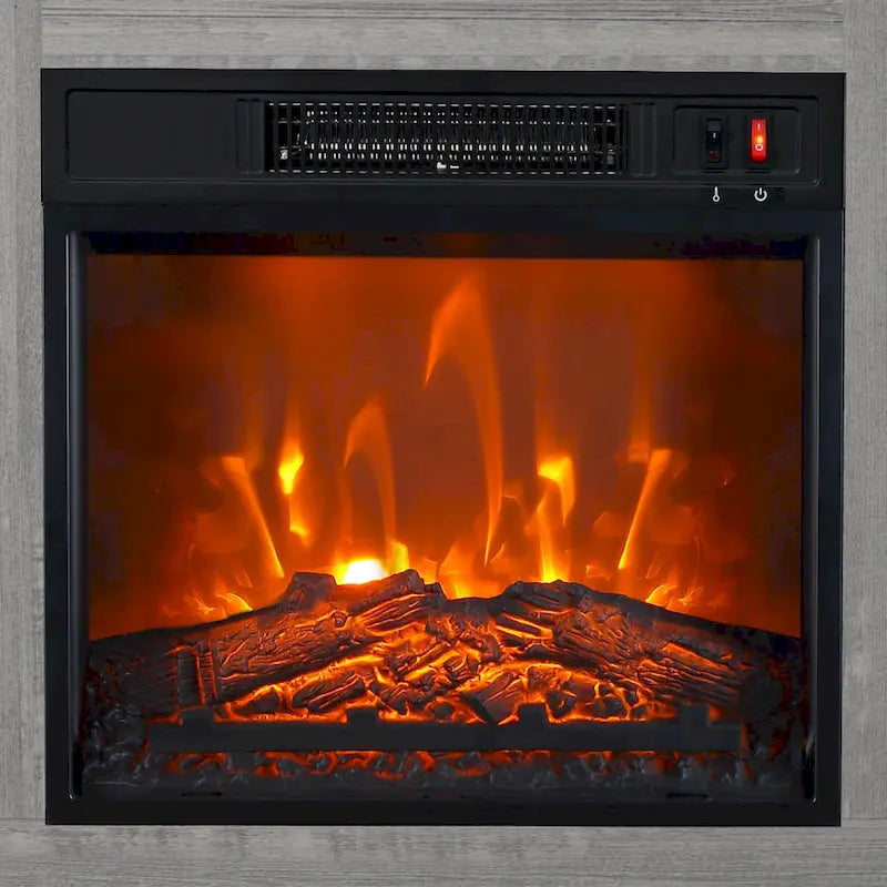 Meuble TV console style ferme avec cheminée électrique intégrée, pour téléviseurs jusqu'à 65 pouces.