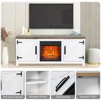 Meuble TV console style ferme avec cheminée électrique intégrée, pour téléviseurs jusqu'à 65 pouces.