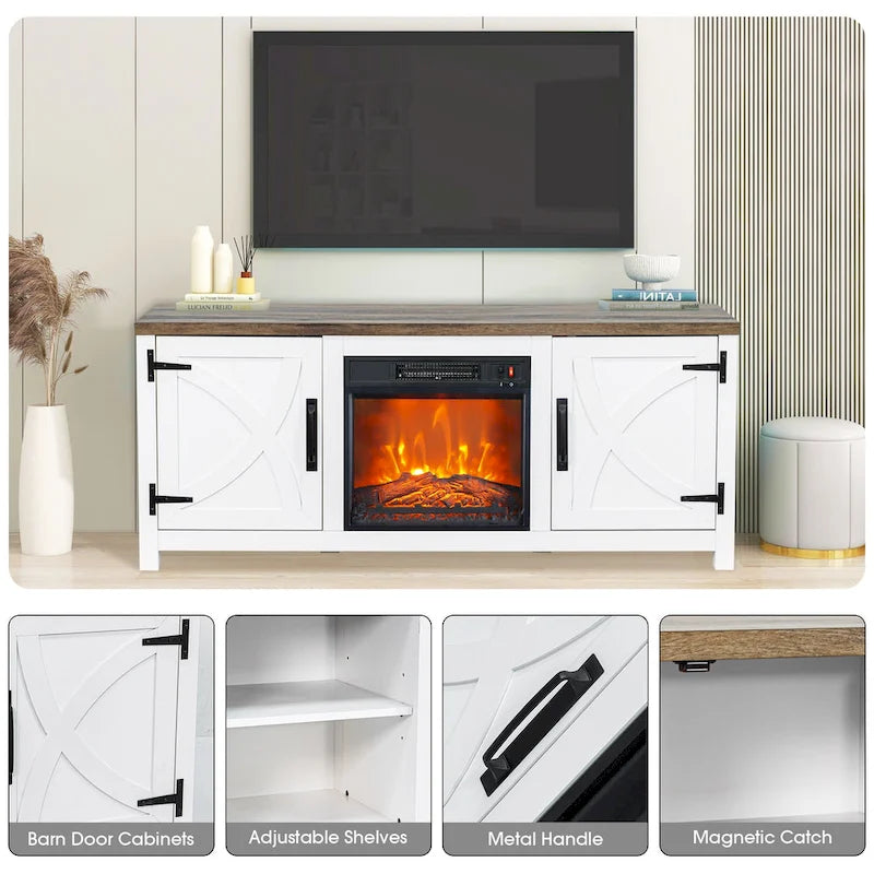 Meuble TV console style ferme avec cheminée électrique intégrée, pour téléviseurs jusqu'à 65 pouces.