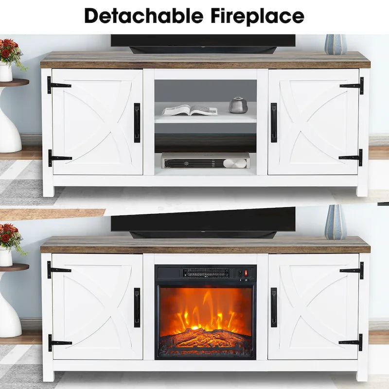 Meuble TV console style ferme avec cheminée électrique intégrée, pour téléviseurs jusqu'à 65 pouces.