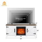 Meuble TV console style ferme avec cheminée électrique intégrée, pour téléviseurs jusqu'à 65 pouces.