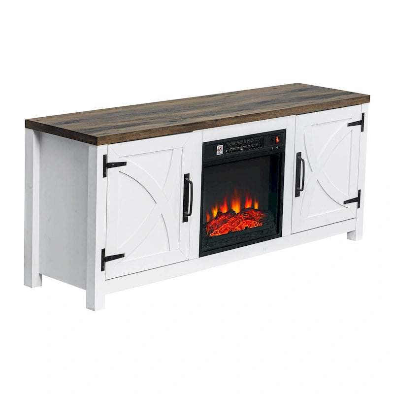 Meuble TV console style ferme avec cheminée électrique intégrée, pour téléviseurs jusqu'à 65 pouces.