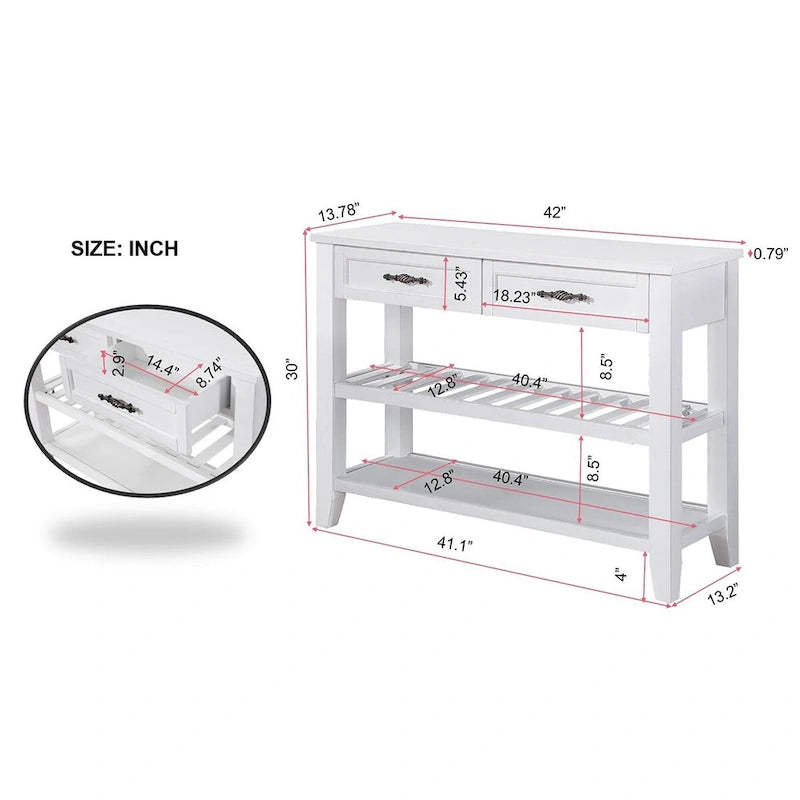 Console de canapé 42 avec tiroirs et étagères à plusieurs niveaux