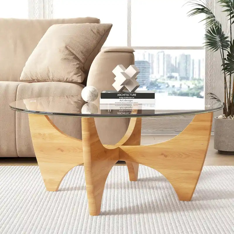 Table basse ronde en bois massif avec plateau en verre - 35.435.416