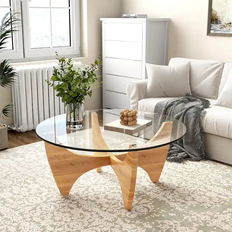Table basse ronde en bois massif avec plateau en verre - 35.435.416