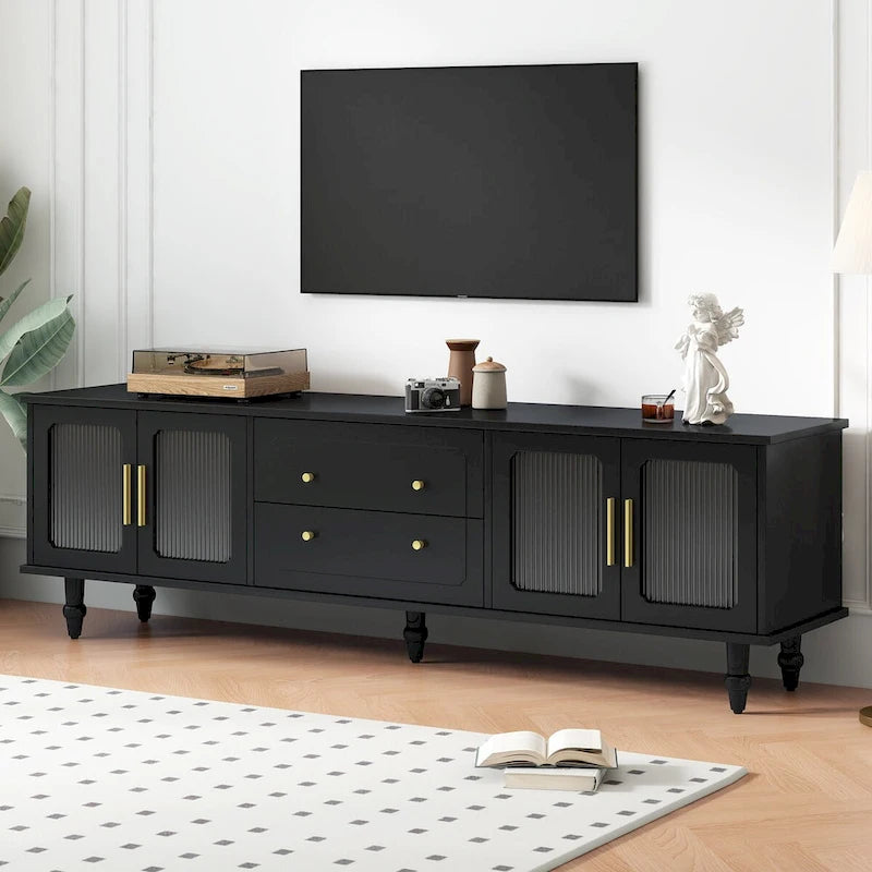 TV Stand with Fluted Glass Doors for TVs Up to 78, Practical Media Console with 2 Drawers and Cabinets,Entertainment Center