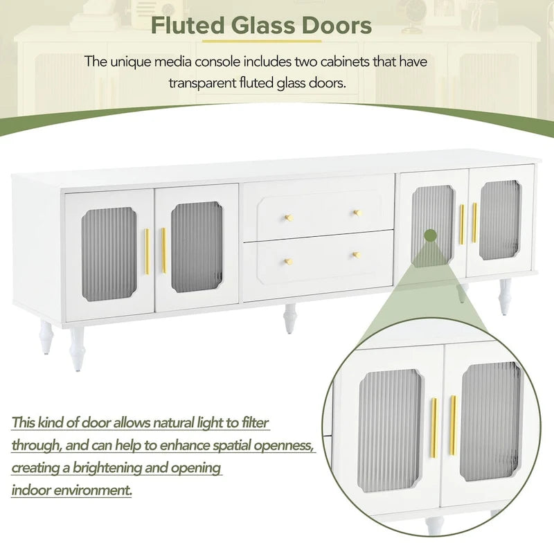 Meuble TV avec portes en verre cannelé pour téléviseurs jusqu'à 78 pouces, console multimédia pratique avec 2 tiroirs et placards, centre de divertissement