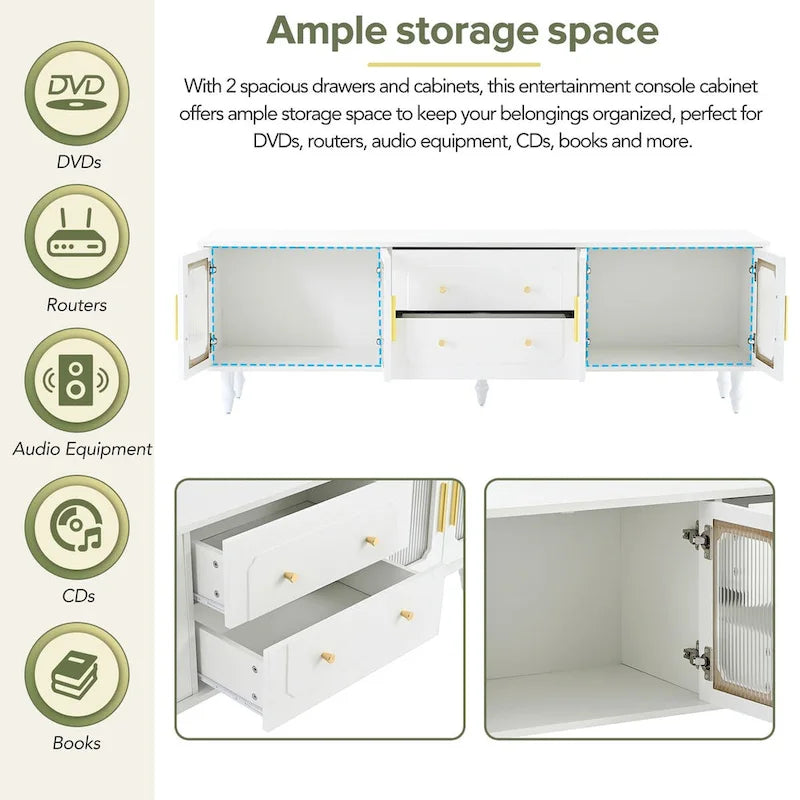 Meuble TV avec portes en verre cannelé pour téléviseurs jusqu'à 78 pouces, console multimédia pratique avec 2 tiroirs et placards, centre de divertissement