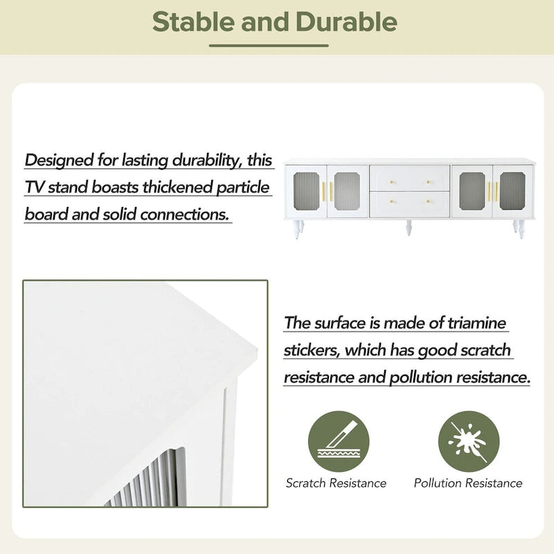 Meuble TV avec portes en verre cannelé pour téléviseurs jusqu'à 78 pouces, console multimédia pratique avec 2 tiroirs et placards, centre de divertissement