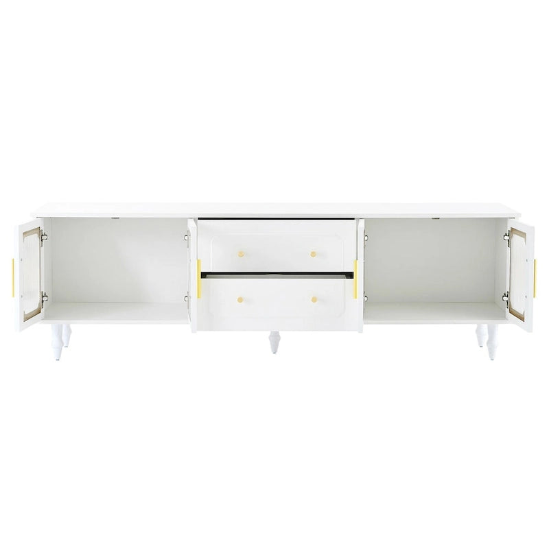 Meuble TV avec portes en verre cannelé pour téléviseurs jusqu'à 78 pouces, console multimédia pratique avec 2 tiroirs et placards, centre de divertissement