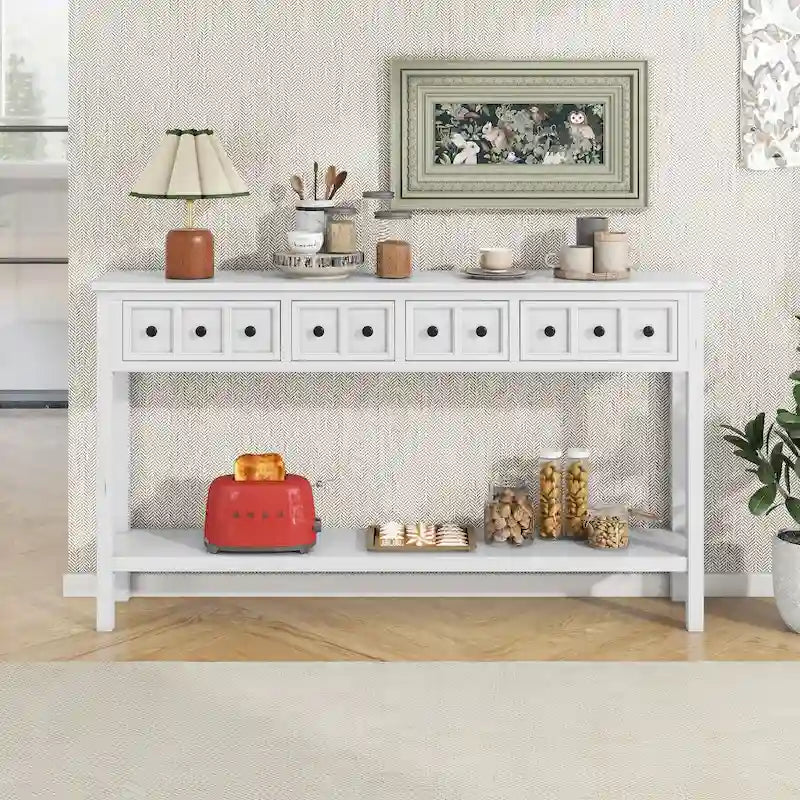 Console rustique d'entrée, table d'appoint de 152 cm de long avec deux tiroirs de tailles différentes et une étagère inférieure pour le rangement