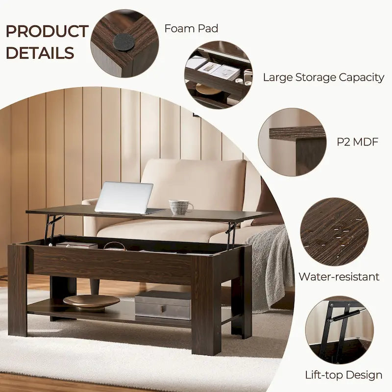 Table basse Yaheetech 47,5 pouces avec plateau relevable, compartiment caché et étagère ouverte
