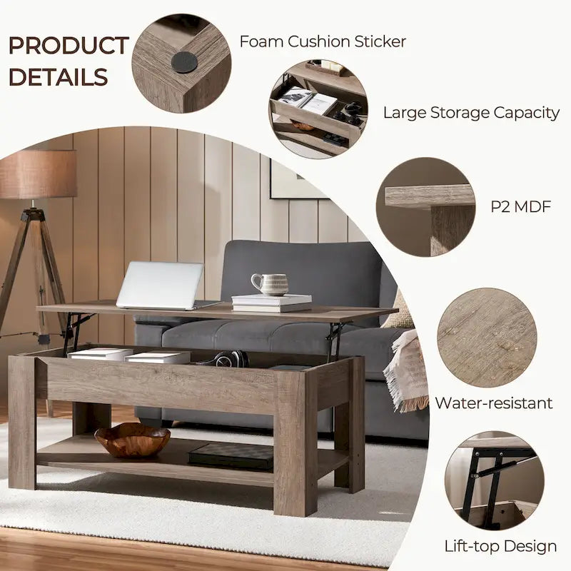 Table basse Yaheetech 47,5 pouces avec plateau relevable, compartiment caché et étagère ouverte