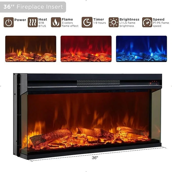 Meuble TV avec cheminée électrique 3 faces de style campagnard, centre de divertissement