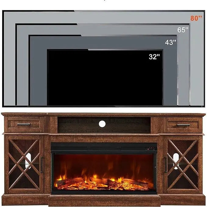 Meuble TV avec cheminée électrique 3 faces de style campagnard, centre de divertissement