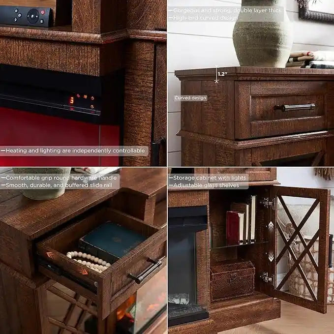 Meuble TV avec cheminée électrique 3 faces de style campagnard, centre de divertissement