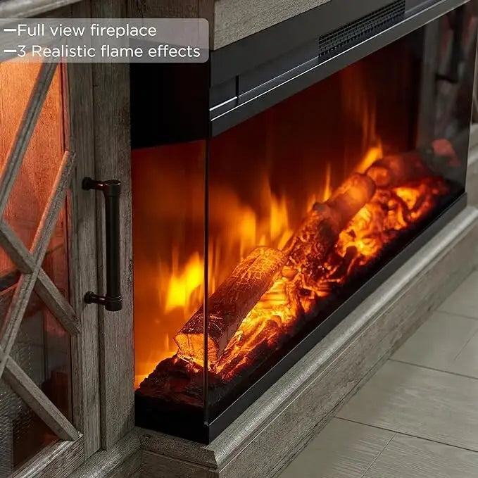 Meuble TV avec cheminée électrique 3 faces de style campagnard, centre de divertissement