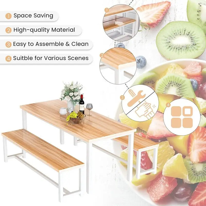 Ensemble de salle à manger de style simple et charmant, comprenant une table et deux bancs avec repose-pieds, pour la cuisine ou la salle à manger.