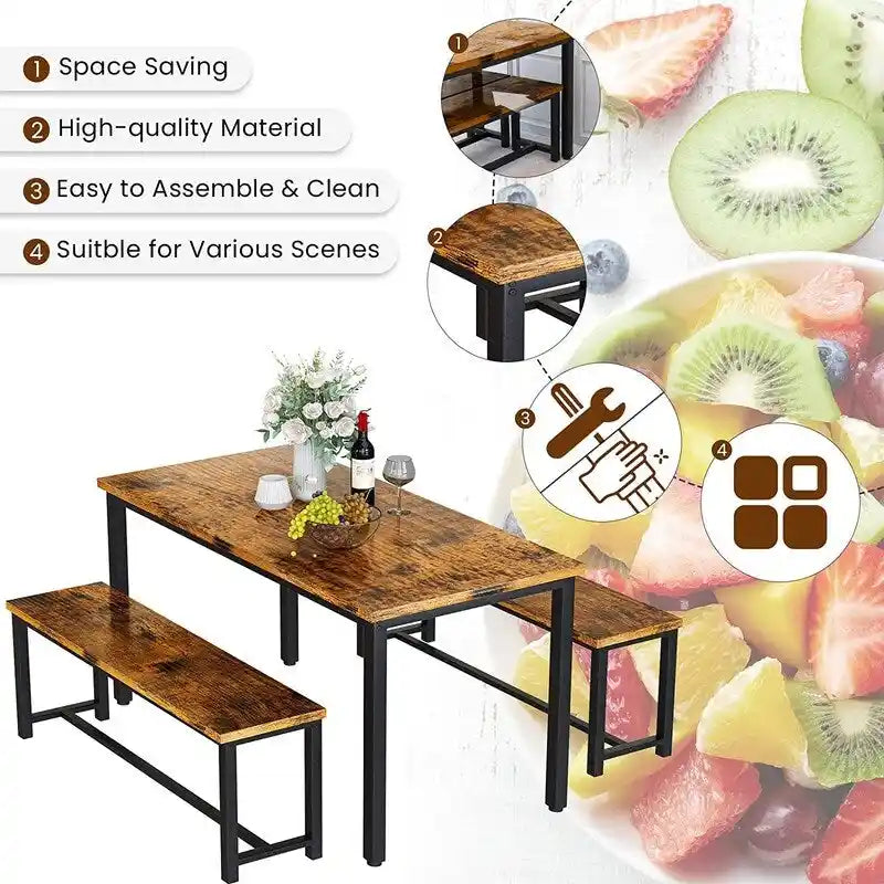 Ensemble de salle à manger de style simple et charmant, comprenant une table et deux bancs avec repose-pieds, pour la cuisine ou la salle à manger.