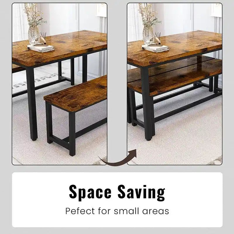 Ensemble de salle à manger de style simple et charmant, comprenant une table et deux bancs avec repose-pieds, pour la cuisine ou la salle à manger.