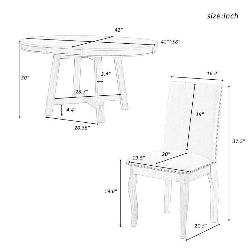 Ensemble de salle à manger de style campagnard 5 pièces comprenant une table à manger ronde extensible en bois et 4 chaises de salle à manger rembourrées