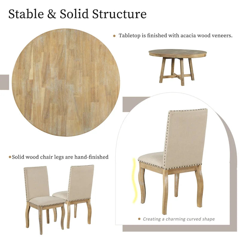 Ensemble de salle à manger de style campagnard 5 pièces comprenant une table à manger ronde extensible en bois et 4 chaises de salle à manger rembourrées