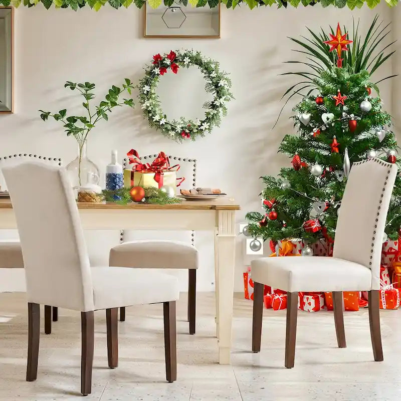 Ensemble de 2/4/6 chaises de salle à manger, chaise de salle à manger haut de gamme moderne et rembourrée avec dossier clouté et pieds en bois massif, chaise d'appoint en tissu