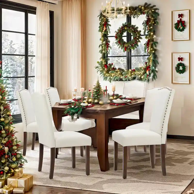 Ensemble de 2/4/6 chaises de salle à manger, chaise de salle à manger haut de gamme moderne et rembourrée avec dossier clouté et pieds en bois massif, chaise d'appoint en tissu