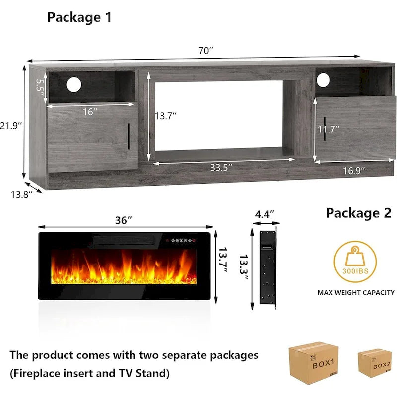 Meuble TV Bossin 70 avec cheminée électrique 36 pouces, compatible avec les téléviseurs jusqu'à 80 pouces, éclairage LED 16 couleurs/centre multimédia