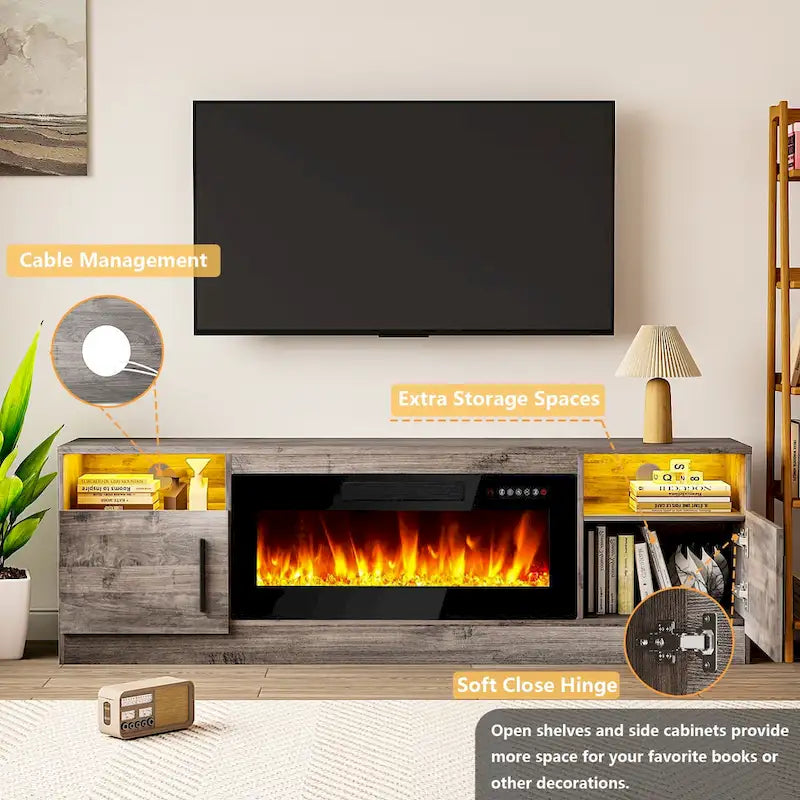 Meuble TV Bossin 70 avec cheminée électrique 36 pouces, compatible avec les téléviseurs jusqu'à 80 pouces, éclairage LED 16 couleurs/centre multimédia