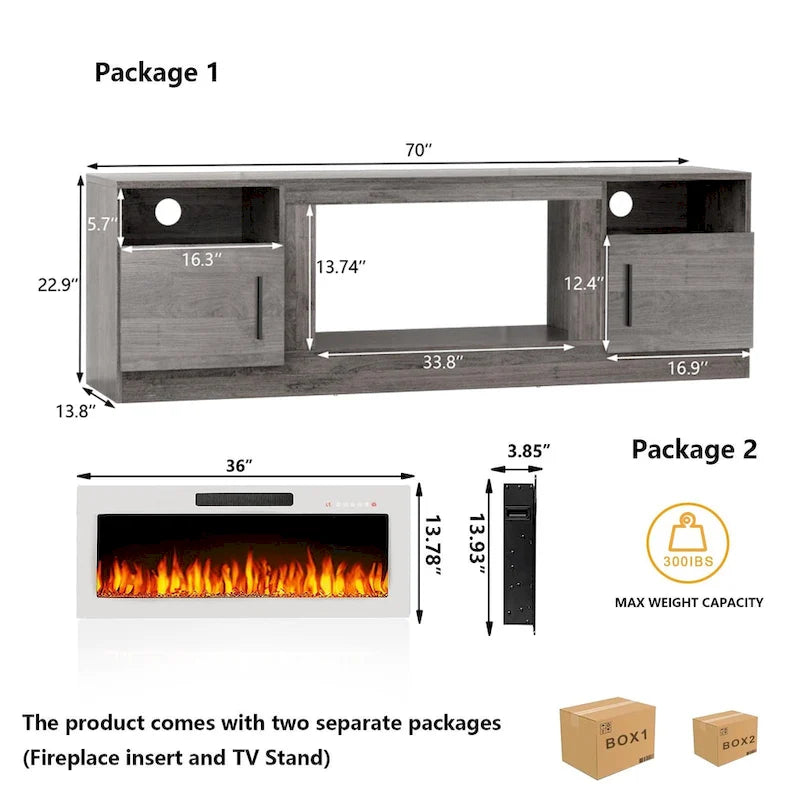 Meuble TV Bossin 70 avec cheminée électrique 36 pouces, compatible avec les téléviseurs jusqu'à 80 pouces, éclairage LED 16 couleurs/centre multimédia