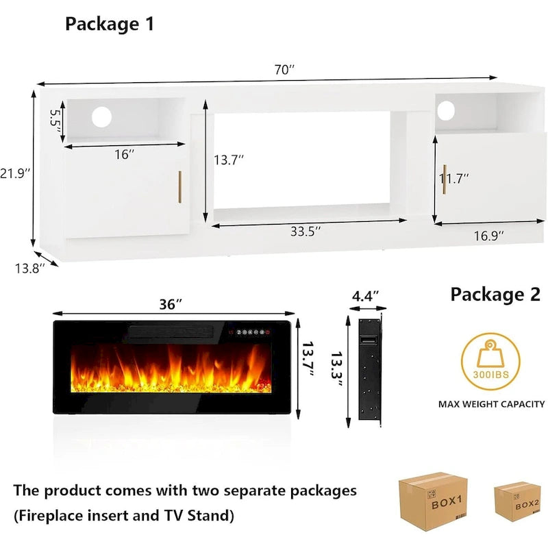 Meuble TV Bossin 70 avec cheminée électrique 36 pouces, compatible avec les téléviseurs jusqu'à 80 pouces, éclairage LED 16 couleurs/centre multimédia
