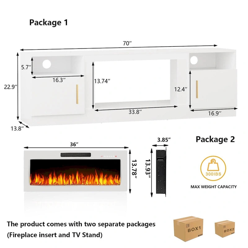 Meuble TV Bossin 70 avec cheminée électrique 36 pouces, compatible avec les téléviseurs jusqu'à 80 pouces, éclairage LED 16 couleurs/centre multimédia