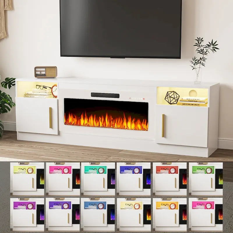 Meuble TV Bossin 70 avec cheminée électrique 36 pouces, compatible avec les téléviseurs jusqu'à 80 pouces, éclairage LED 16 couleurs/centre multimédia