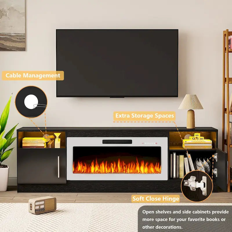 Meuble TV Bossin 70 avec cheminée électrique 36 pouces, compatible avec les téléviseurs jusqu'à 80 pouces, éclairage LED 16 couleurs/centre multimédia