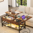 Table basse moderne de style campagnard avec plateau relevable, port USB et lumière LED, table d'appoint pour salon