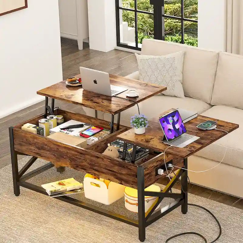 Table basse moderne de style campagnard avec plateau relevable, port USB et lumière LED, table d'appoint pour salon