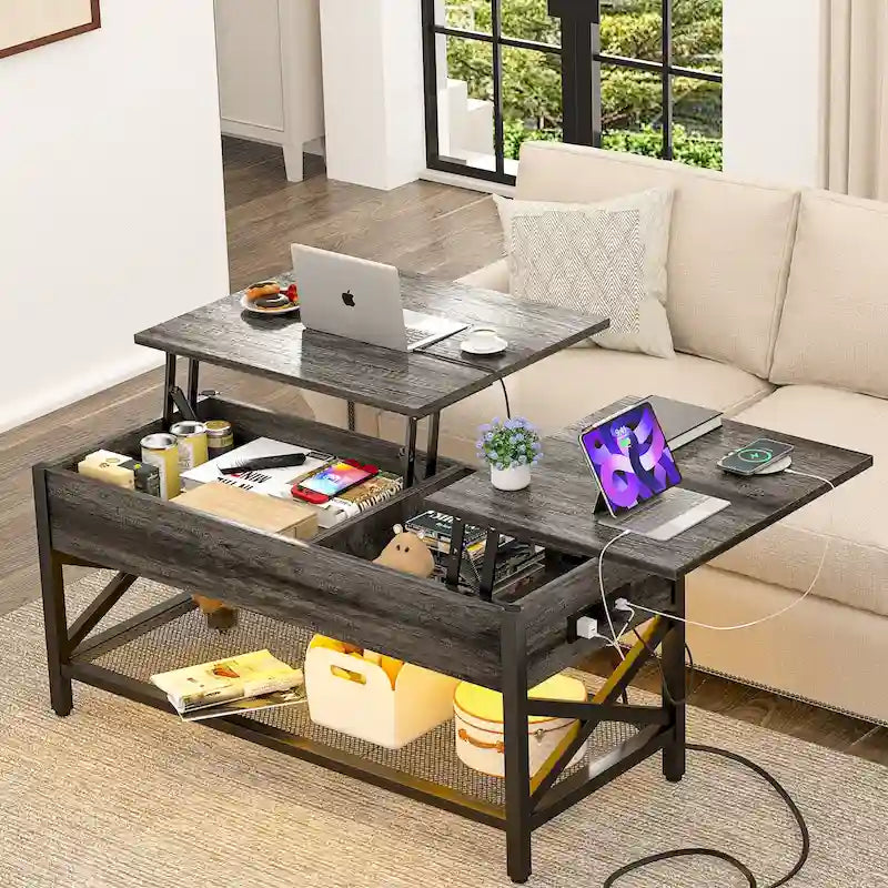 Table basse moderne de style campagnard avec plateau relevable, port USB et lumière LED, table d'appoint pour salon