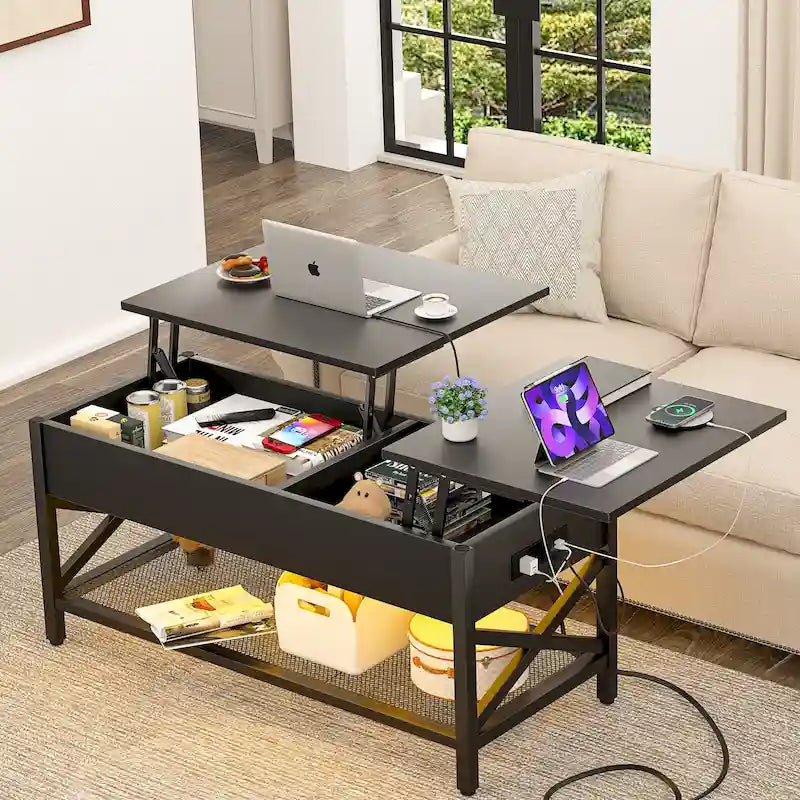 Table basse moderne de style campagnard avec plateau relevable, port USB et lumière LED, table d'appoint pour salon