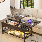Table basse moderne de style campagnard avec plateau relevable, port USB et lumière LED, table d'appoint pour salon