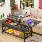 Table basse moderne de style campagnard avec plateau relevable, port USB et lumière LED, table d'appoint pour salon