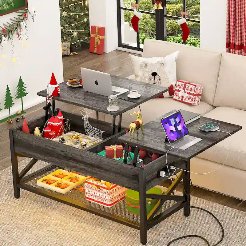 Table basse moderne de style campagnard avec plateau relevable, port USB et lumière LED, table d'appoint pour salon