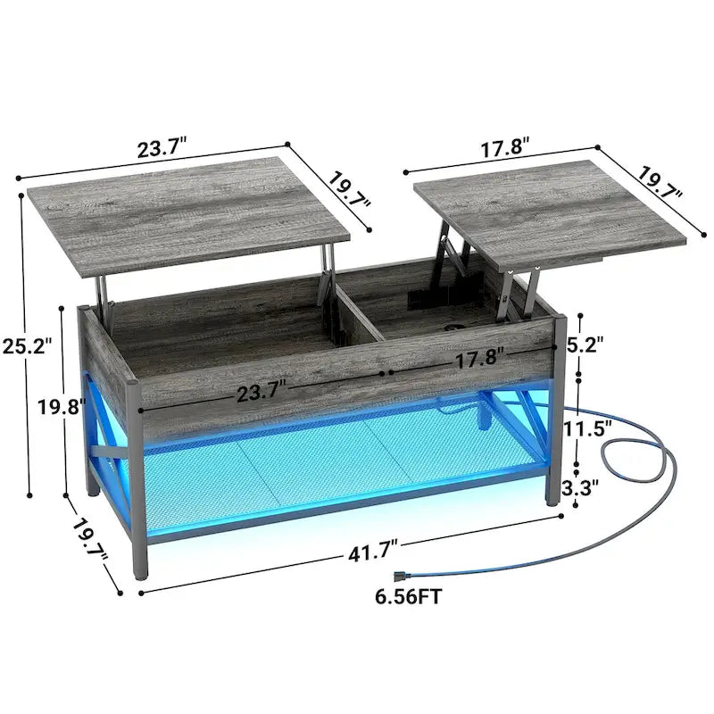Table basse moderne de style campagnard avec plateau relevable, port USB et lumière LED, table d'appoint pour salon