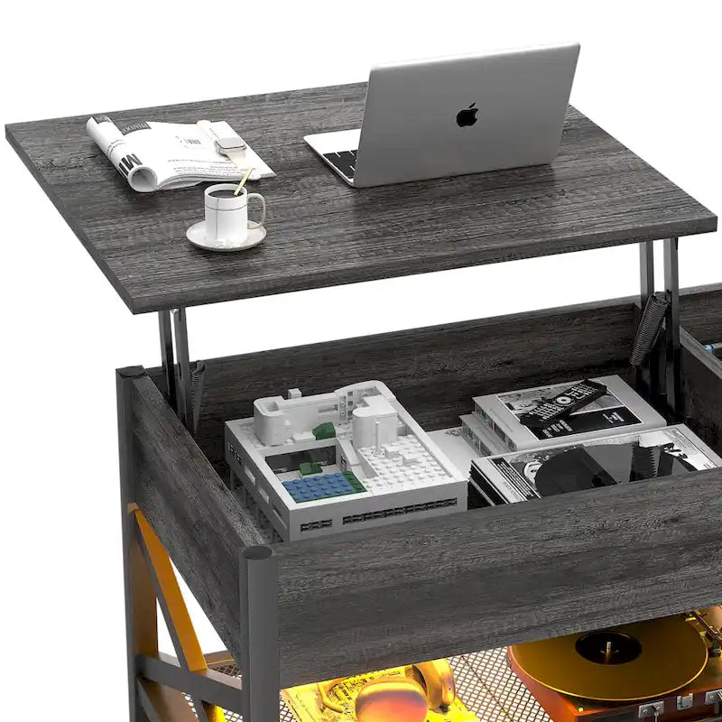 Table basse moderne de style campagnard avec plateau relevable, port USB et lumière LED, table d'appoint pour salon