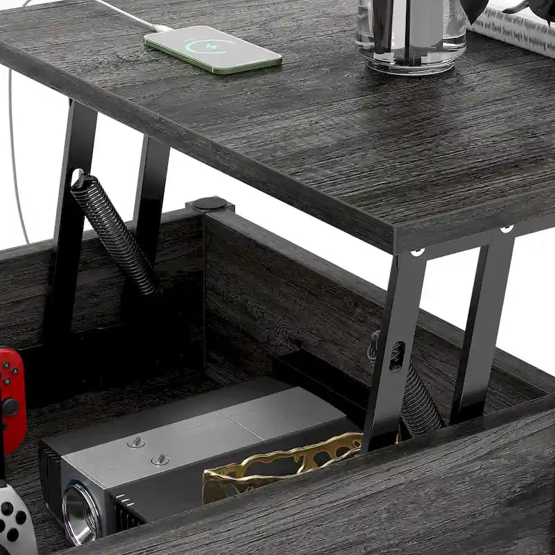 Table basse moderne de style campagnard avec plateau relevable, port USB et lumière LED, table d'appoint pour salon