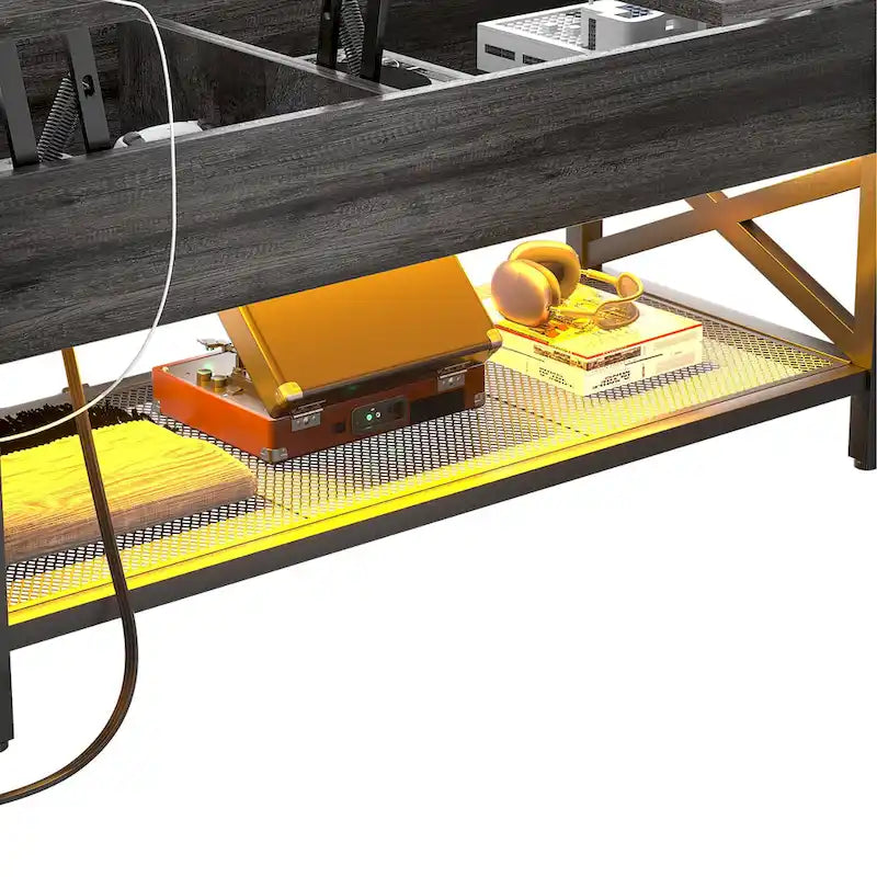 Table basse moderne de style campagnard avec plateau relevable, port USB et lumière LED, table d'appoint pour salon