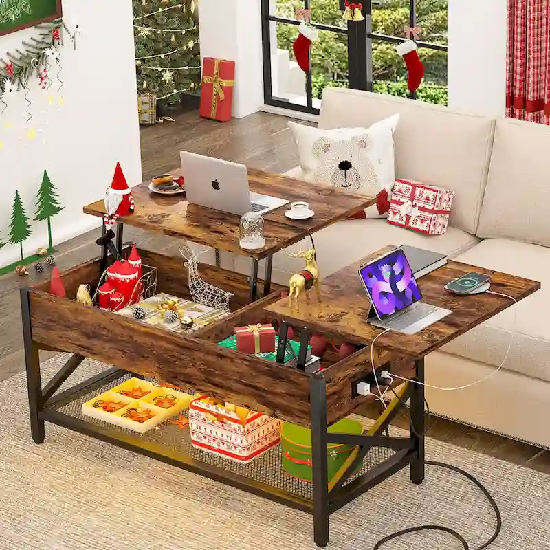 Table basse moderne de style campagnard avec plateau relevable, port USB et lumière LED, table d'appoint pour salon