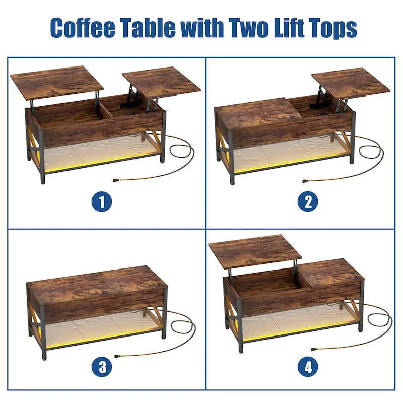 Table basse moderne de style campagnard avec plateau relevable, port USB et lumière LED, table d'appoint pour salon