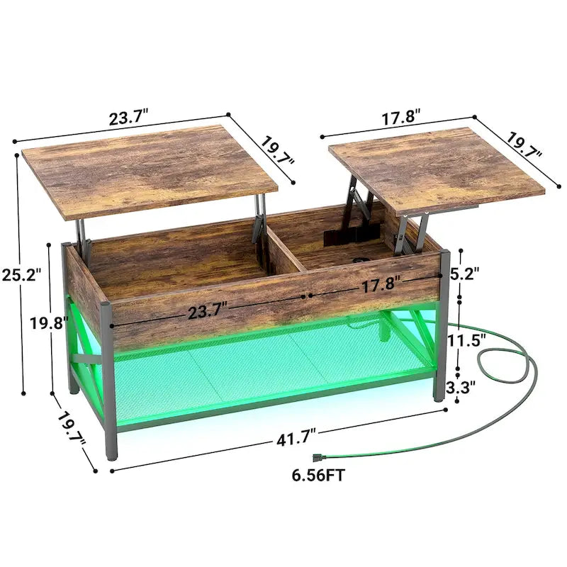 Table basse moderne de style campagnard avec plateau relevable, port USB et lumière LED, table d'appoint pour salon